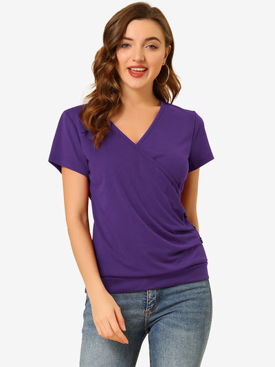 Wrap V Neck Short Sleeve Button Decor Ruched Top