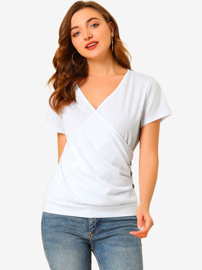 Wrap V Neck Short Sleeve Button Decor Ruched Top