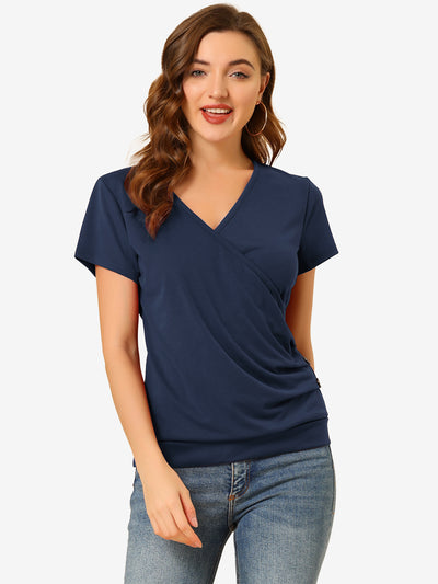 Wrap V Neck Short Sleeve Button Decor Ruched Top