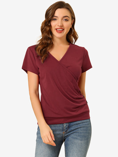 Wrap V Neck Short Sleeve Button Decor Ruched Top