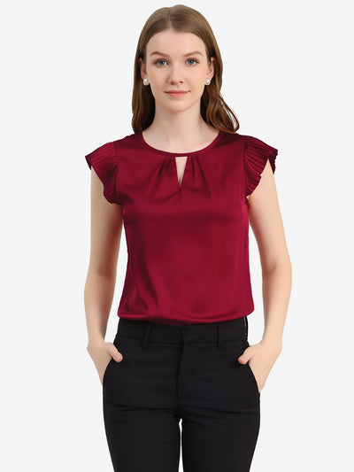 Satin Work Office Top Cut Out Keyhole Back Pleated Cap Sleeve Blouse