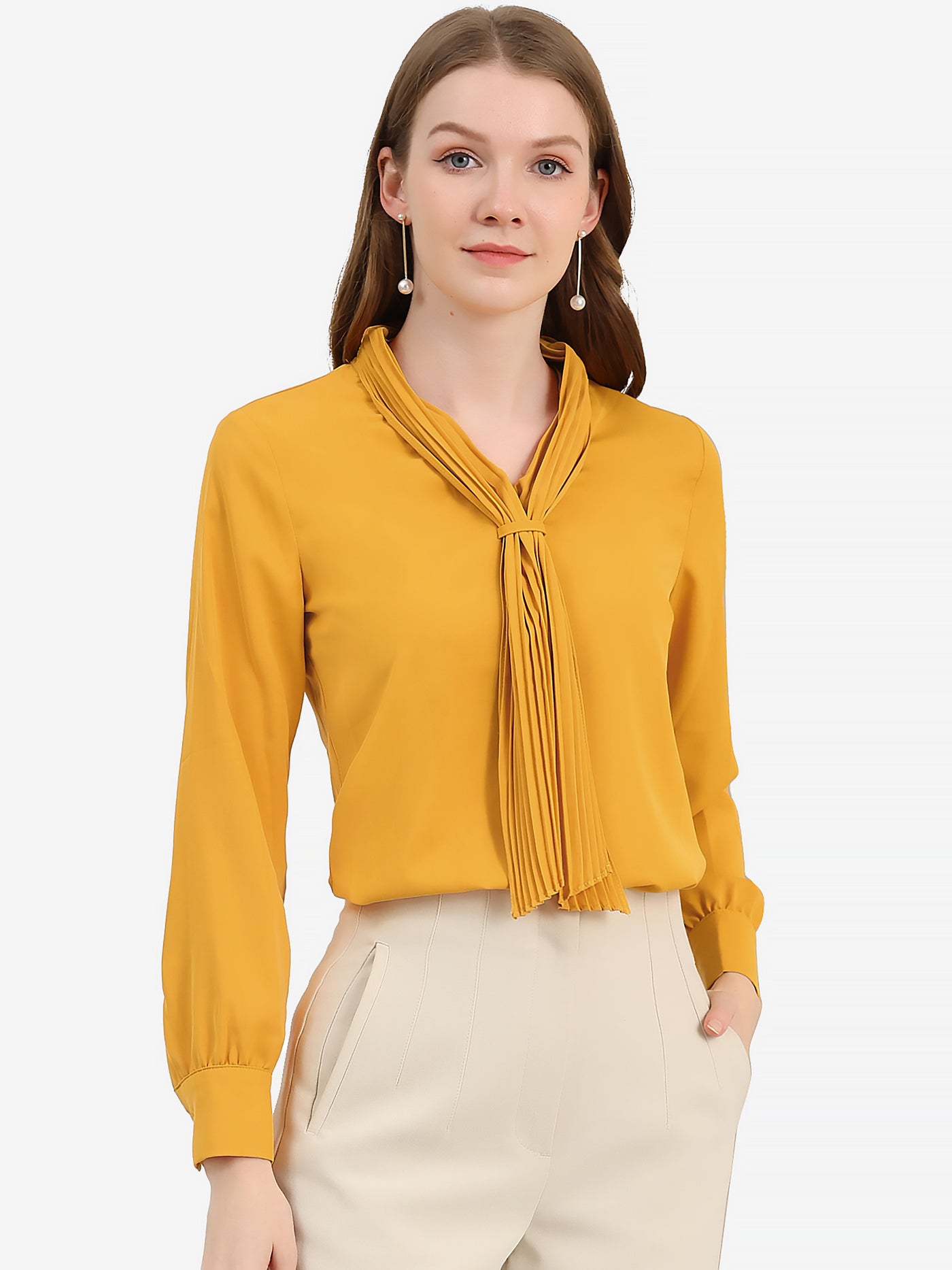 Allegra K Long Sleeve Pleated Tie Neck Office Chiffon Blouse