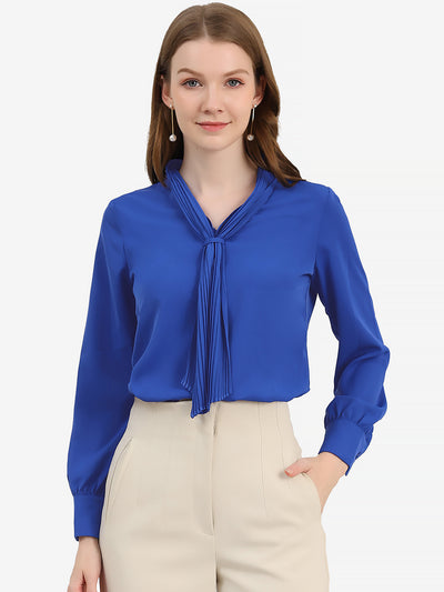 Long Sleeve Pleated Tie Neck Office Chiffon Blouse