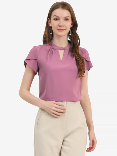 Work Keyhole Elegant Stand Collar Petal Sleeve Chiffon Blouse