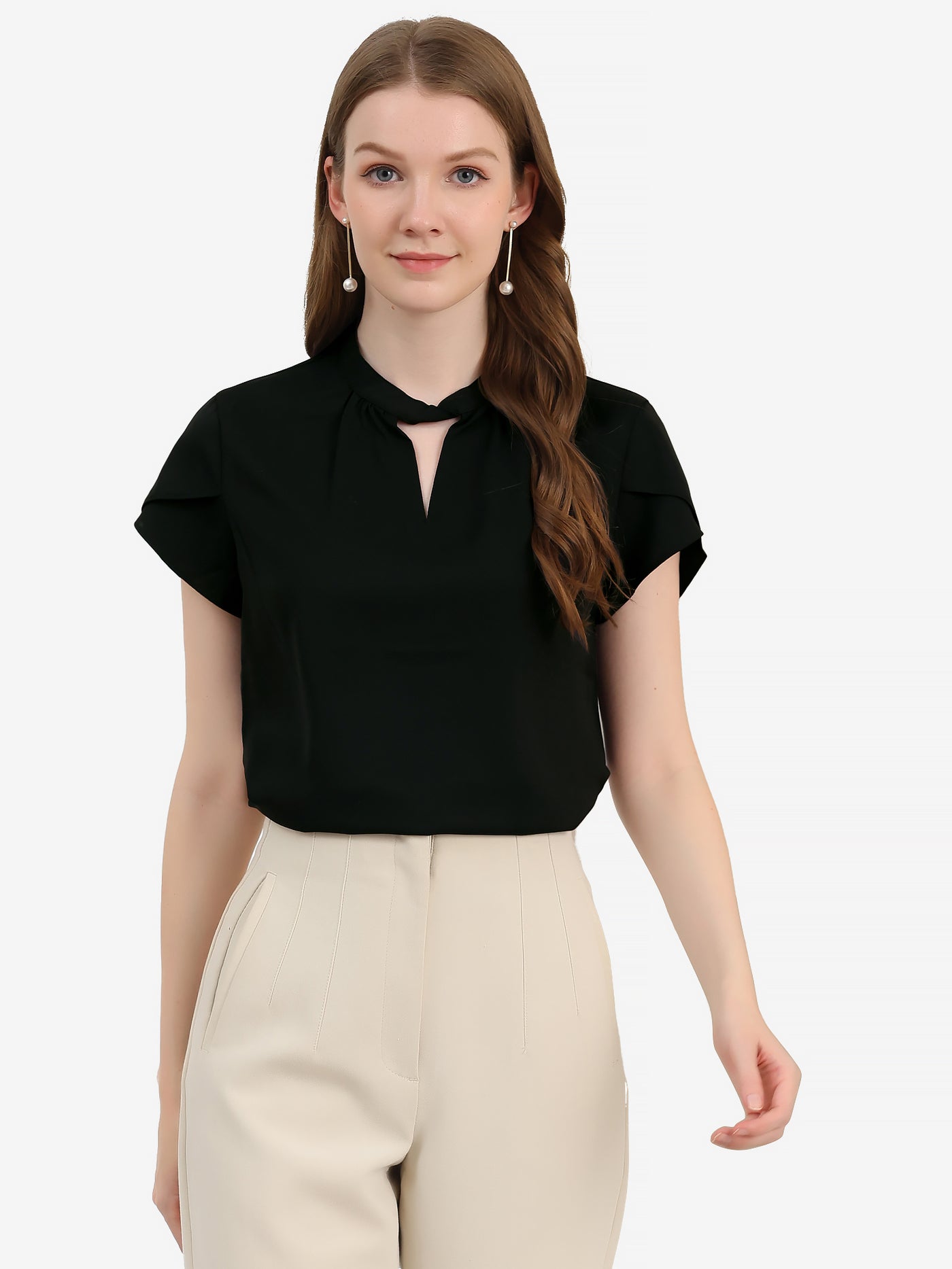 Allegra K Work Keyhole Elegant Stand Collar Petal Sleeve Chiffon Blouse