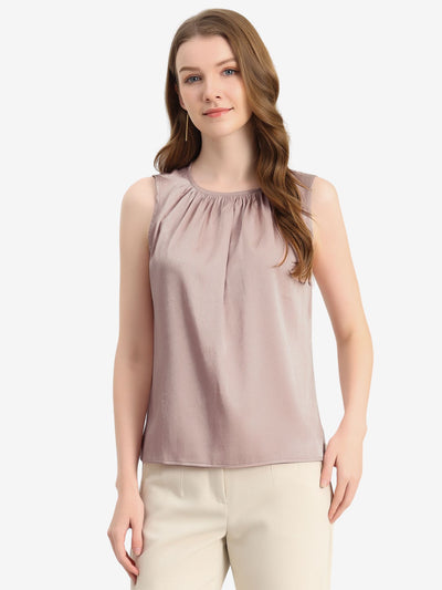 Satin Sleeveless Work Office Pleated Tank Top Blouse