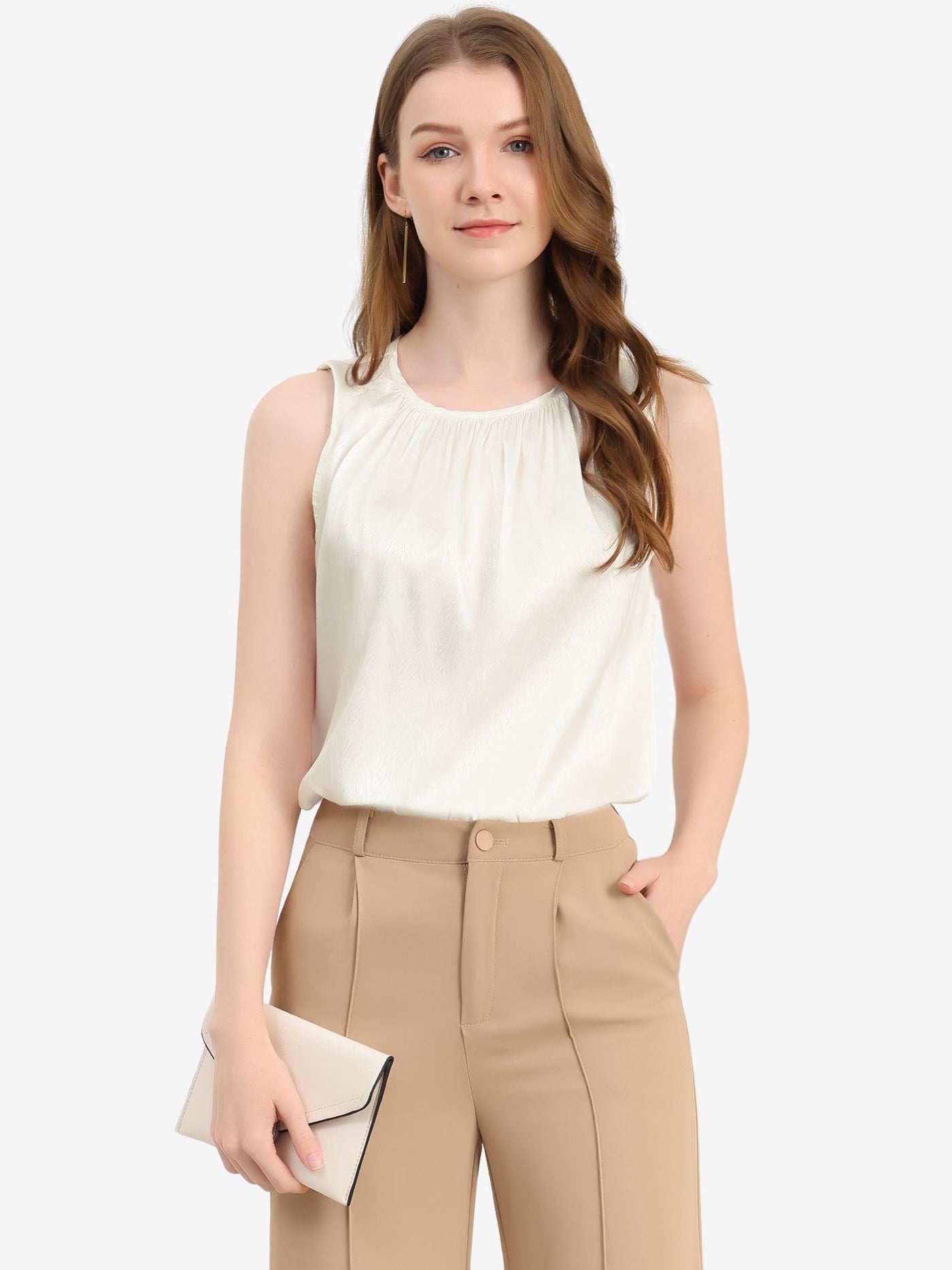 Allegra K Satin Sleeveless Work Office Pleated Tank Top Blouse