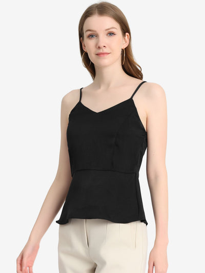 Satin Camisole V Neck Spaghetti Strap Peplum Blouse Tank Tops