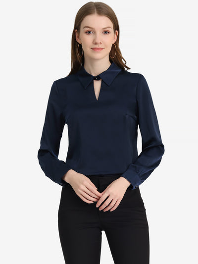 Silky Satin Long Sleeve Elegant Office Keyhole Collared Blouse