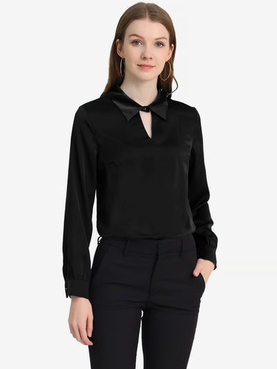 Silky Satin Long Sleeve Elegant Office Keyhole Collared Blouse