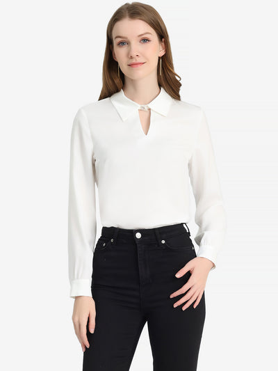 Silky Satin Long Sleeve Elegant Office Keyhole Collared Blouse