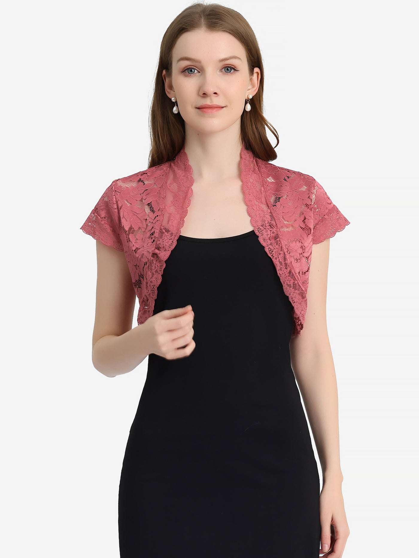 Allegra K Elegant Short Sleeve Sheer Floral Lace Shrug Top