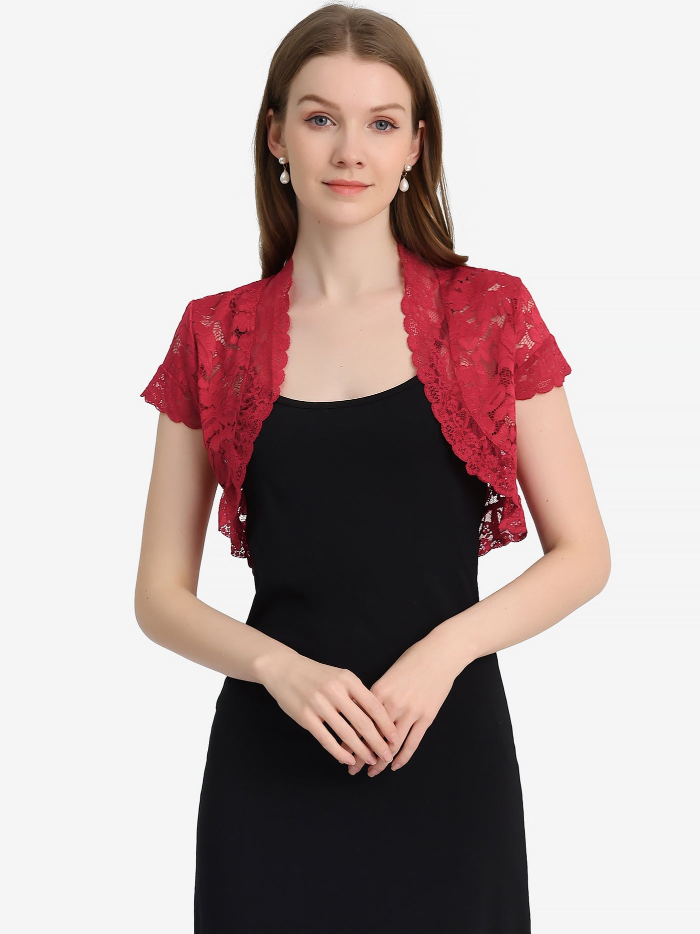 Allegra K Elegant Short Sleeve Sheer Floral Lace Shrug Top