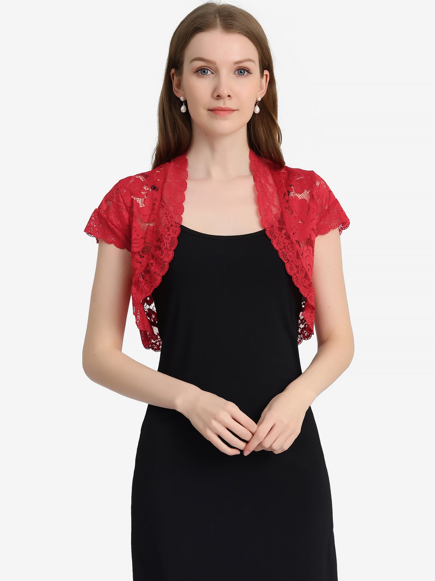 Allegra K Elegant Short Sleeve Sheer Floral Lace Shrug Top