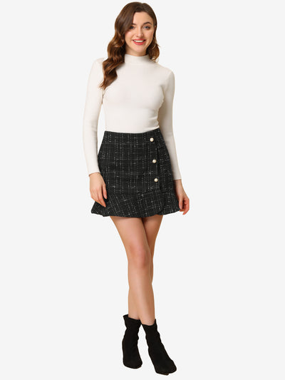 Plaid Ruffle Hem Button Decor Tweed Mini Skirt