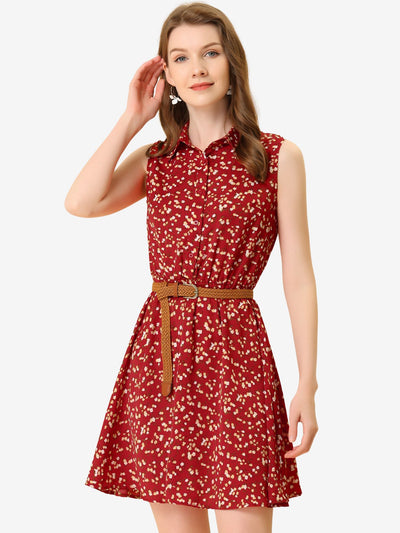 Floral Half Placket Above Knee Sleeveless Belted Mini Dress