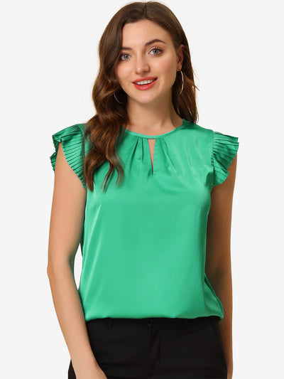 Satin Work Office Top Cut Out Keyhole Back Pleated Cap Sleeve Blouse