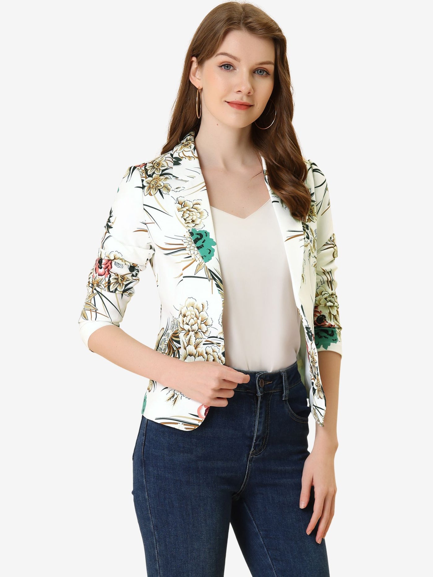 Allegra K Open Front Notch Lapel Floral Business Casual Suit Blazer