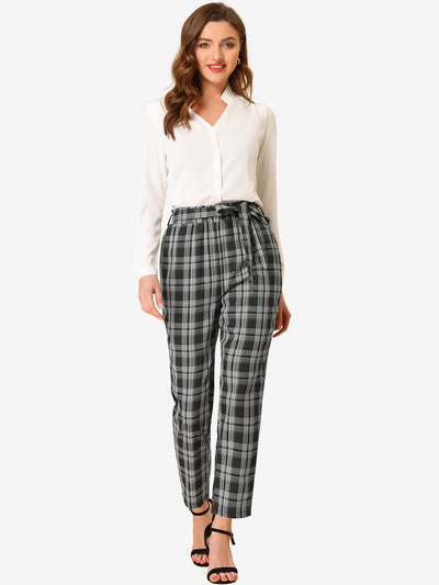 Allegra K High Waist Trousers Belted Straight Leg Office Work Plaid Paper Bag Pants