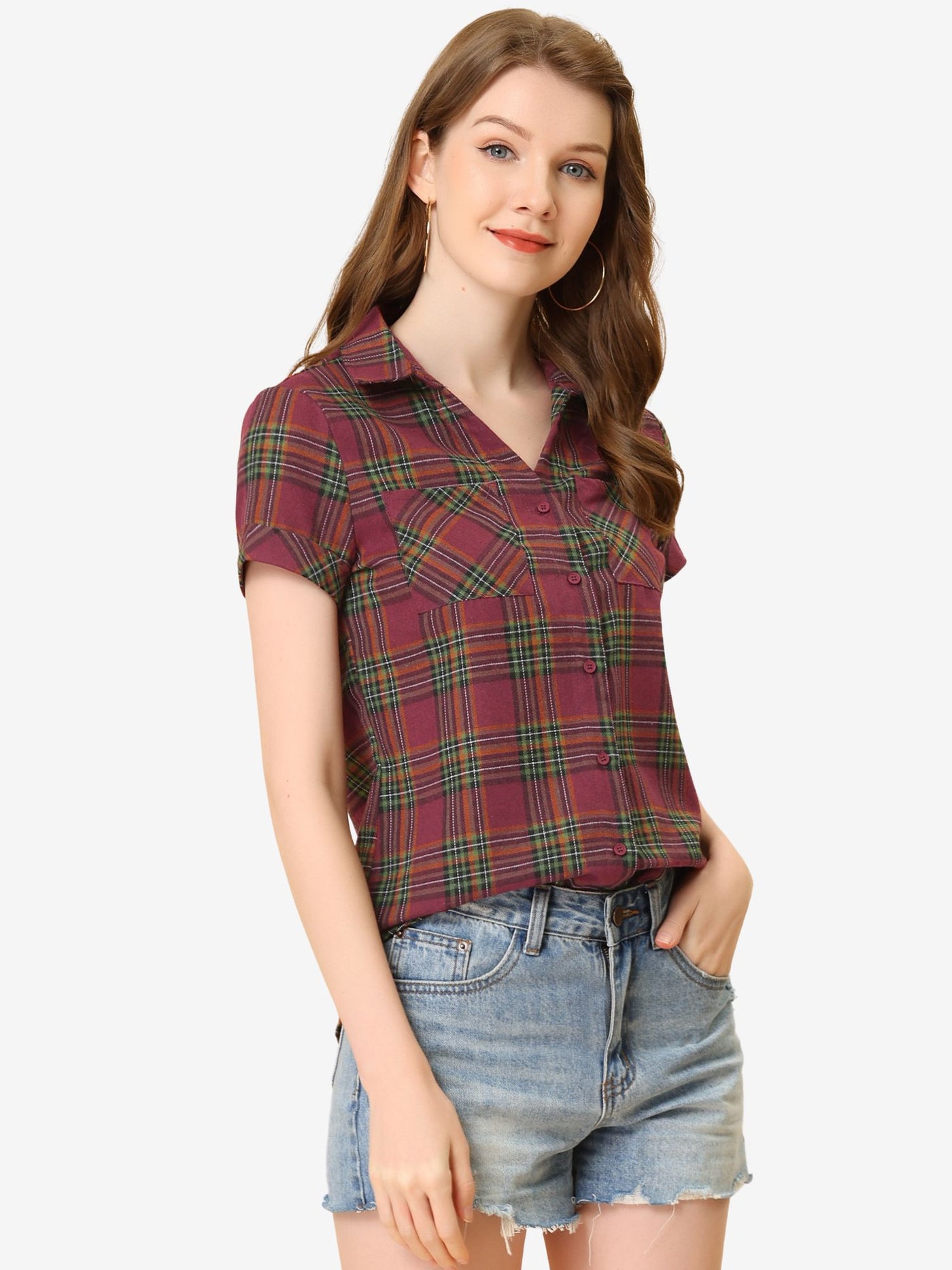 Allegra K Cotton Classic Button Down Plaid Short Sleeve Shirt