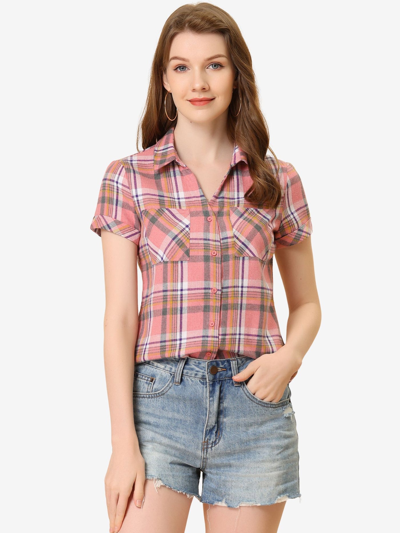 Allegra K Cotton Classic Button Down Plaid Short Sleeve Shirt