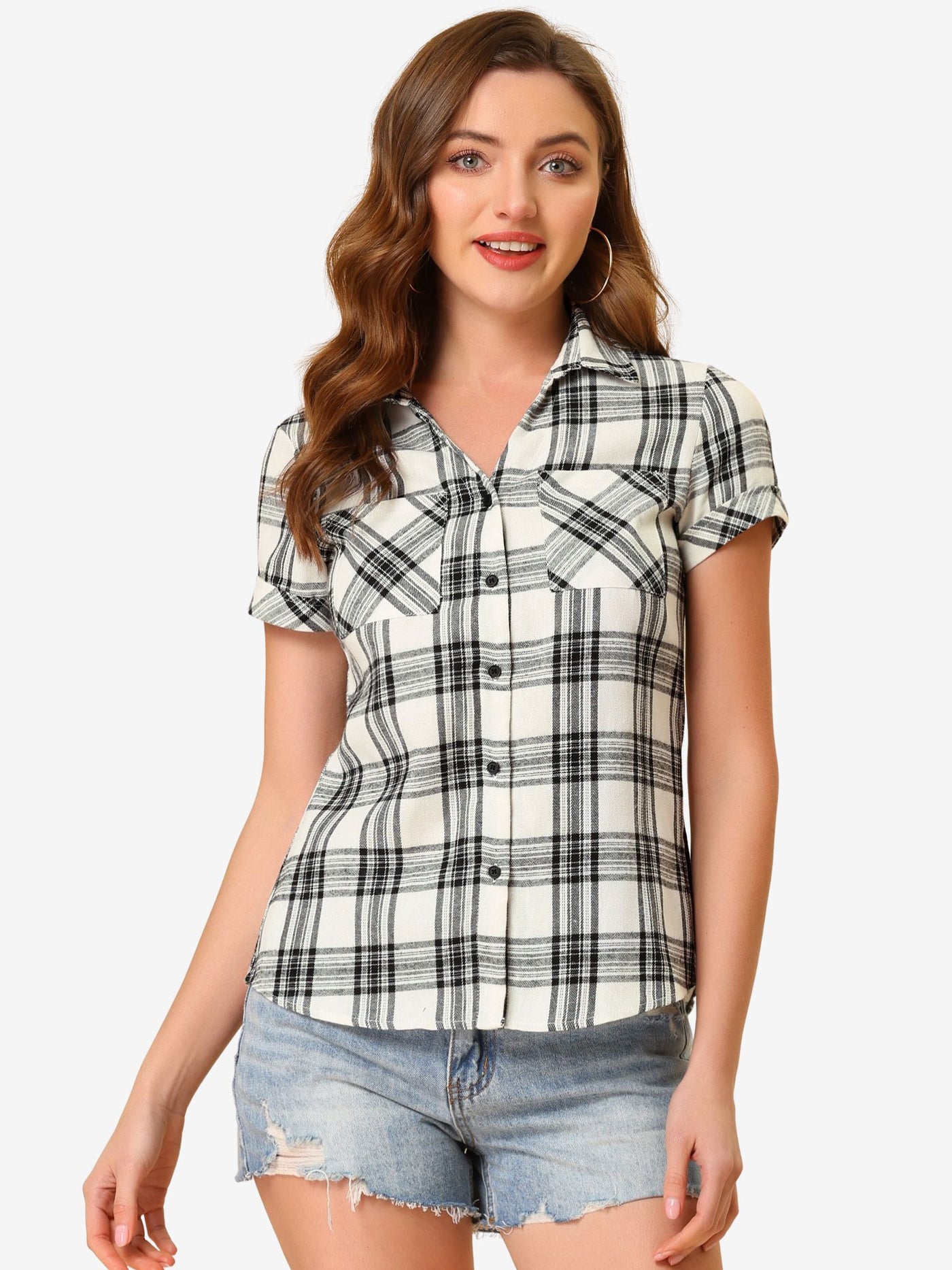 Allegra K Cotton Classic Button Down Plaid Short Sleeve Shirt