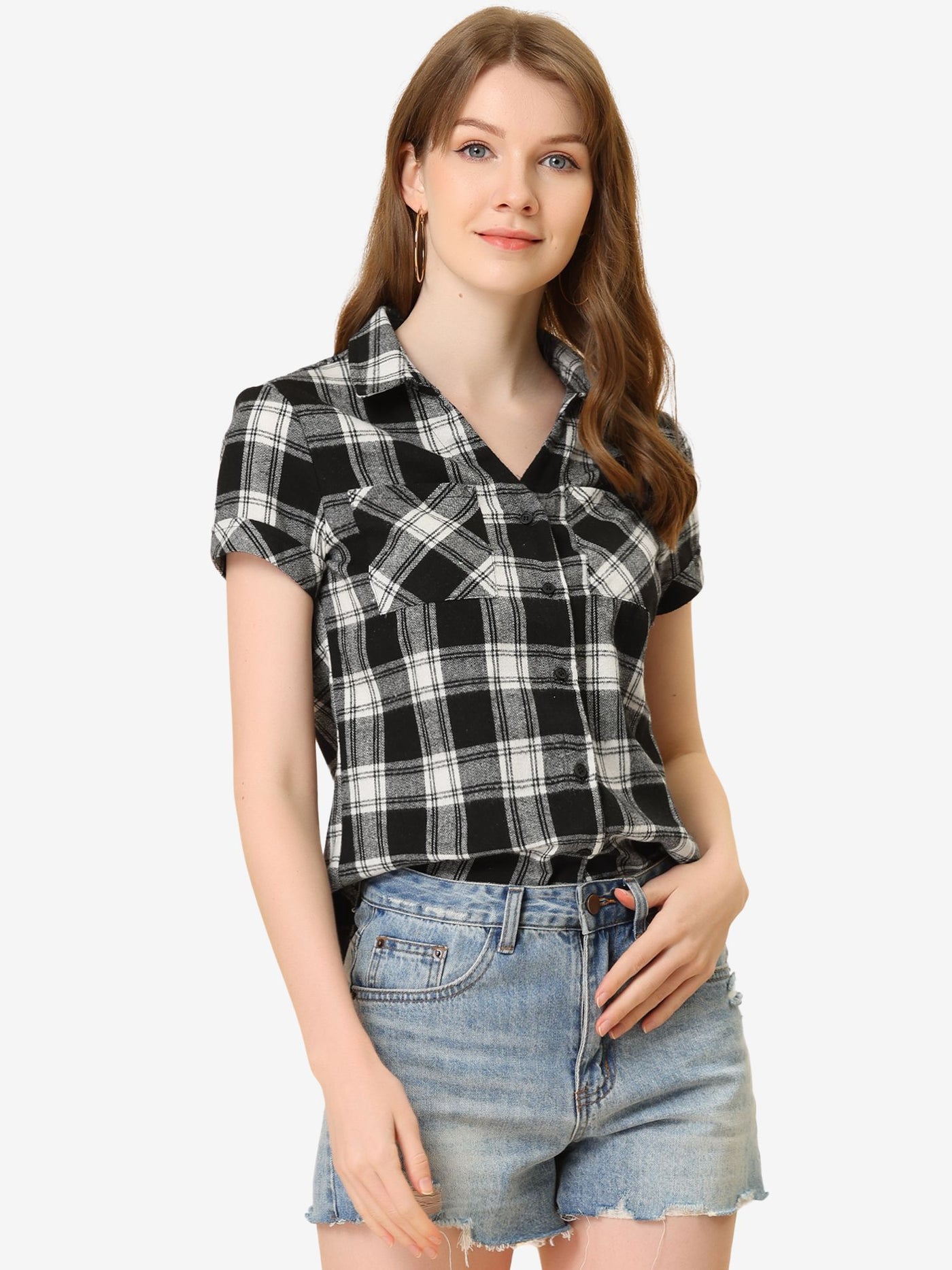 Allegra K Cotton Classic Button Down Plaid Short Sleeve Shirt