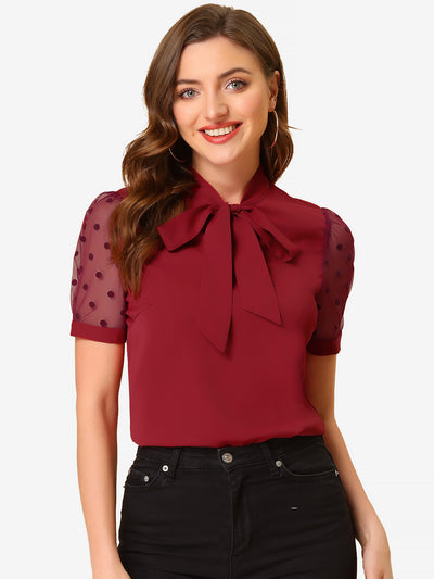 Bow Tie V Neck Stand Collar Short Mesh Sleeve Blouse