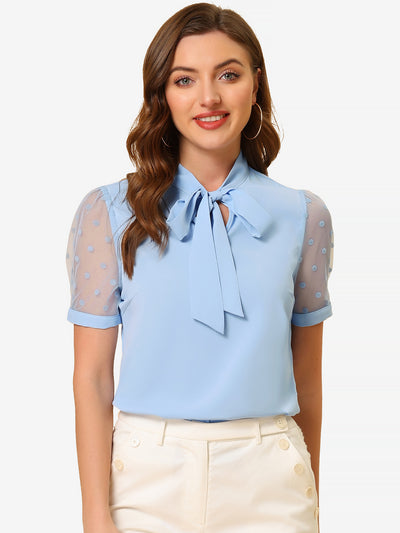 Bow Tie V Neck Stand Collar Short Mesh Sleeve Blouse