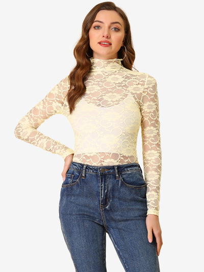 See Through Long Sleeve Turtleneck Sheer Floral Lace Blouse