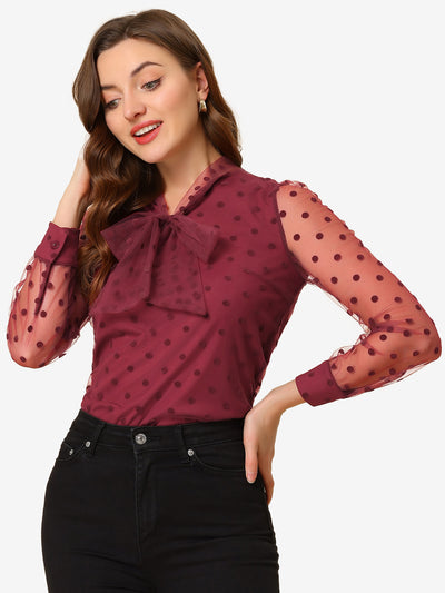 Tie Neck Polka Dots Semi Sheer Long Sleeve Blouse