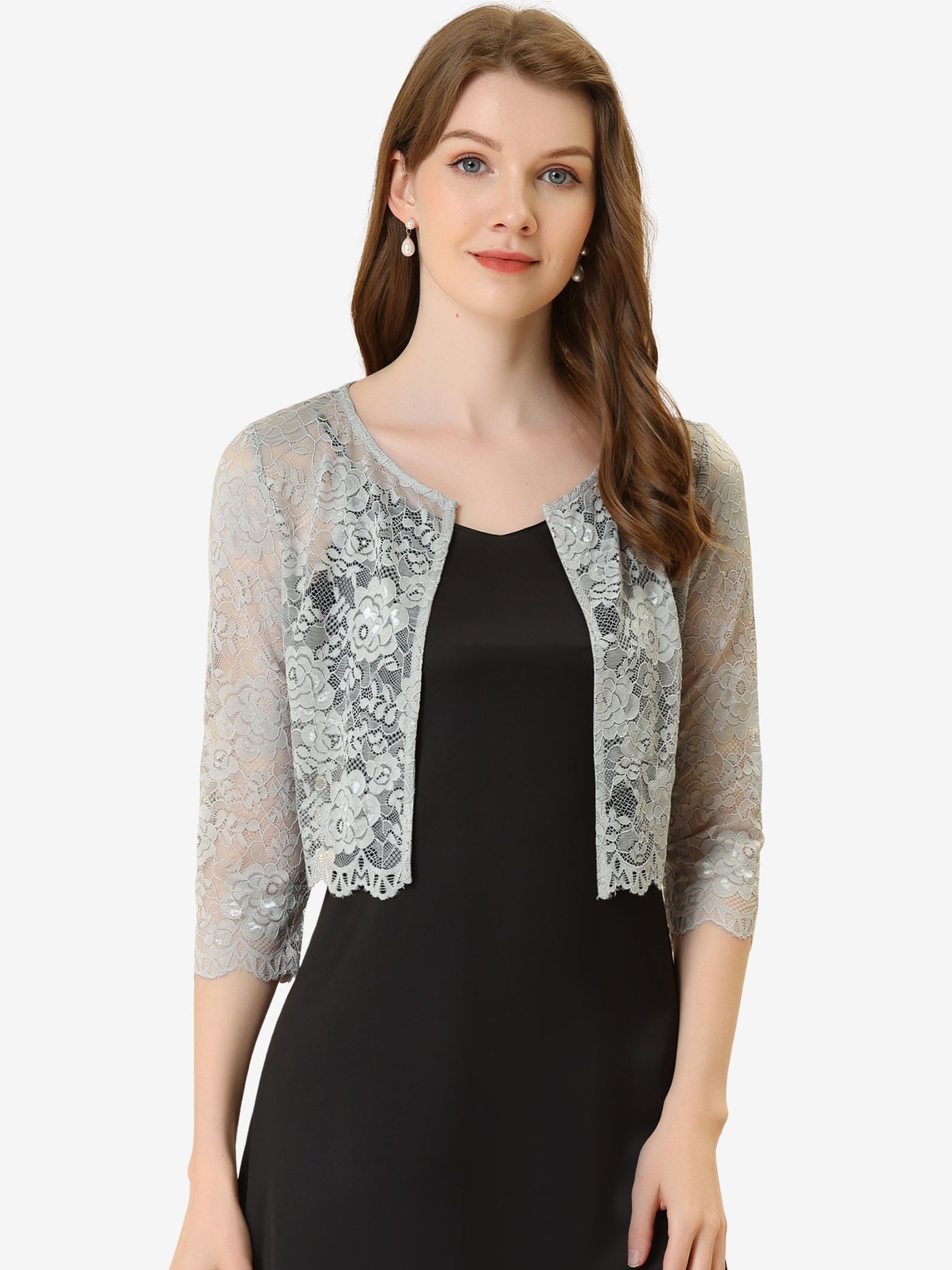 Allegra K Allegra K Elegant Sheer Floral Lace Cropped Bolero Shrug