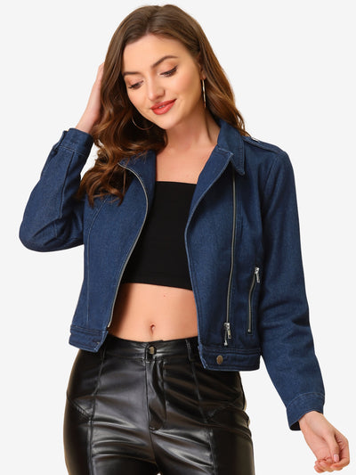 Biker Notched Lapel Asymmetric Zip Moto Denim Jackets