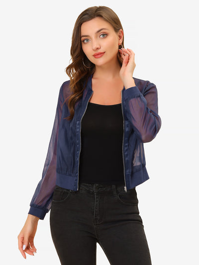 Zip Up See Through Lightweight Long Sleeve Mesh Bomber Jacket