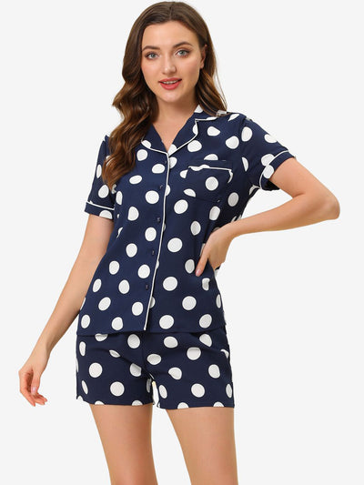 Short Sleeve Notch Collar Piped Button Polka Dot Pajama Sets