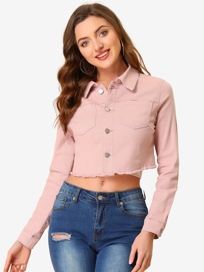 Trendy Frayed Button Up Washed Cropped Denim Jacket