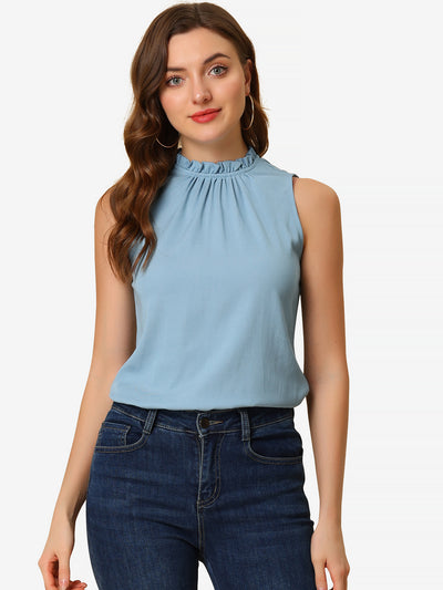 Denim Sleeveless Top Frill Mock Neck Ruffle Chambray Blouse