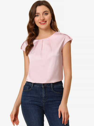 Satin Cap Sleeve Top Pleated Casual Work Office Blouse