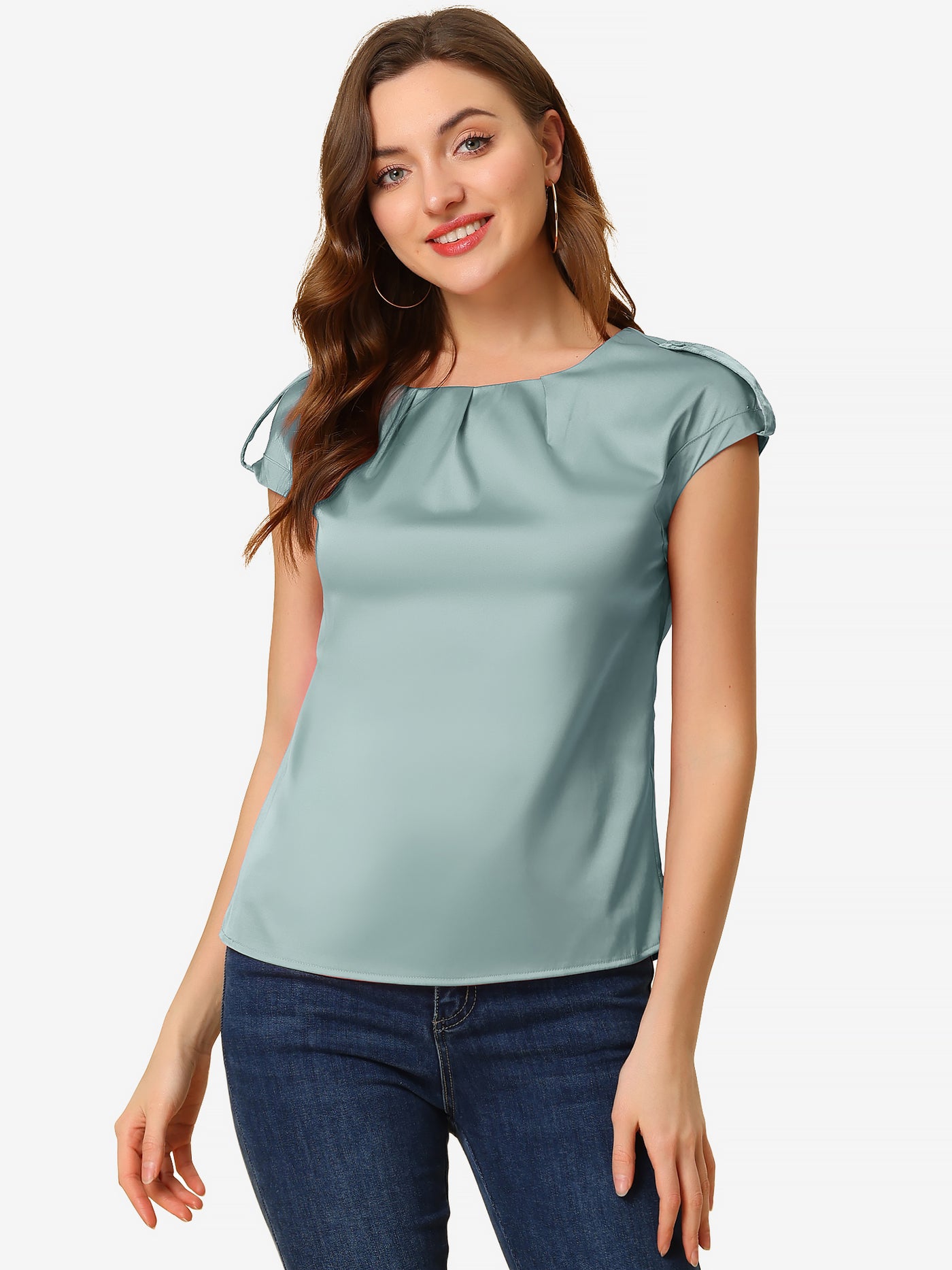 Allegra K Satin Cap Sleeve Top Pleated Casual Work Office Blouse