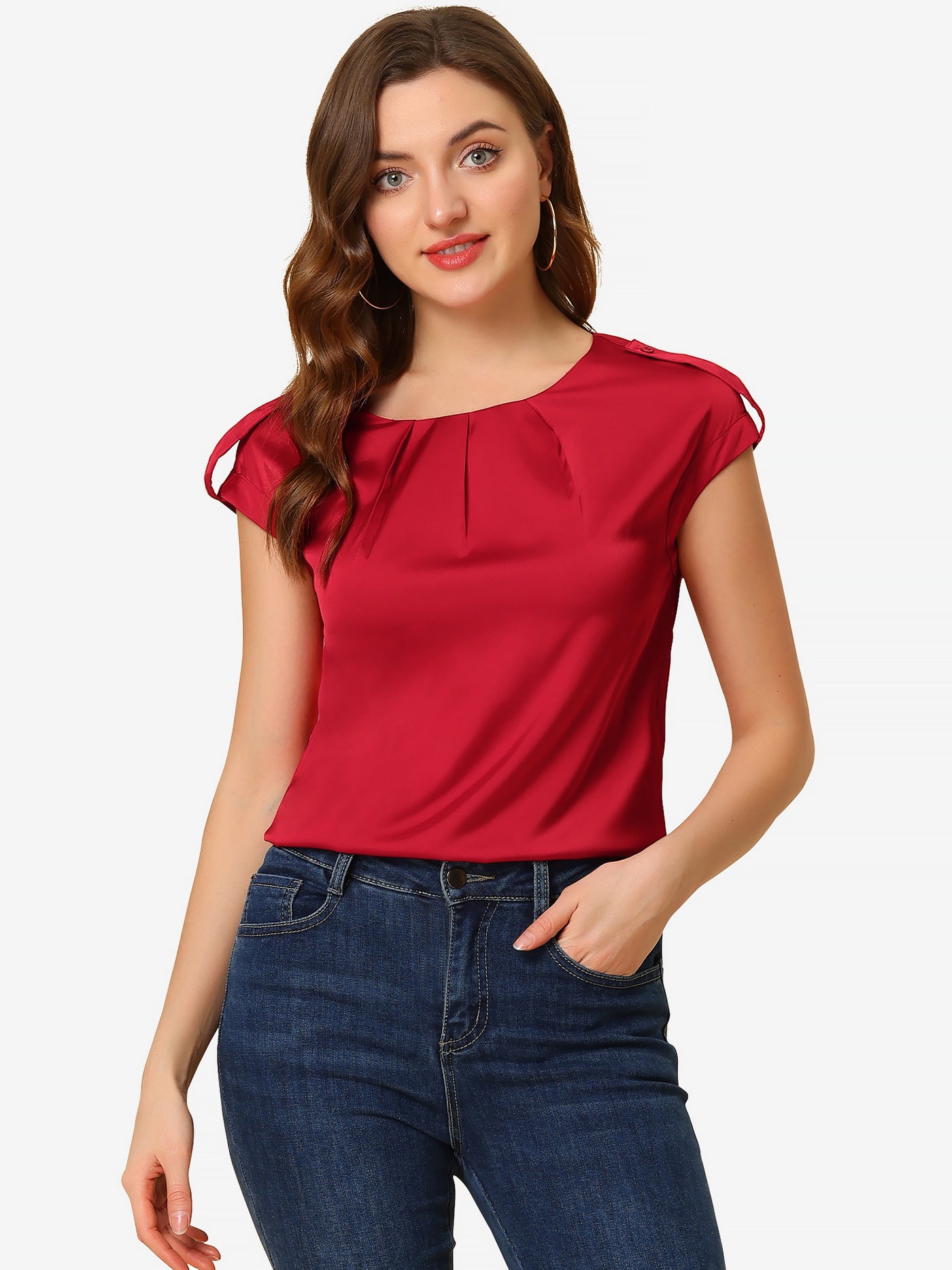 Allegra K Satin Cap Sleeve Top Pleated Casual Work Office Blouse