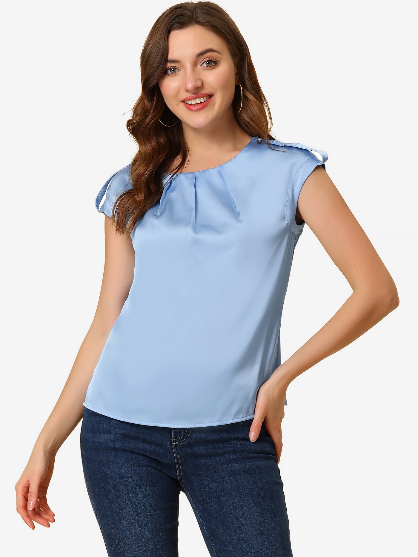 Allegra K Satin Cap Sleeve Top Pleated Casual Work Office Blouse