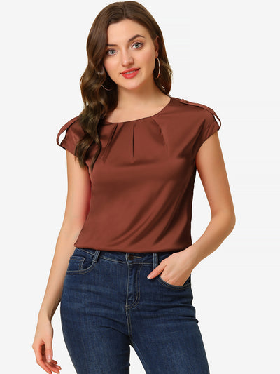 Satin Cap Sleeve Top Pleated Casual Work Office Blouse