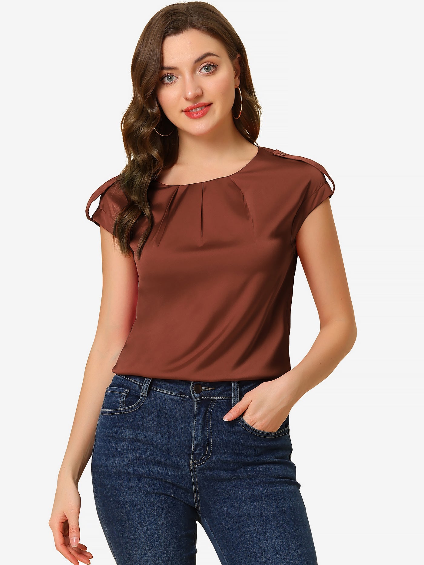 Allegra K Satin Cap Sleeve Top Pleated Casual Work Office Blouse