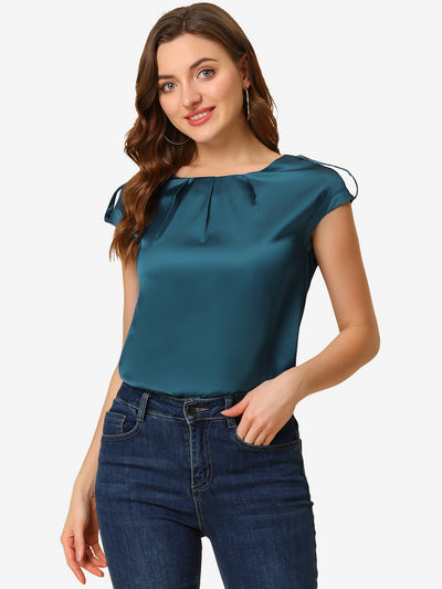 Satin Cap Sleeve Top Pleated Casual Work Office Blouse