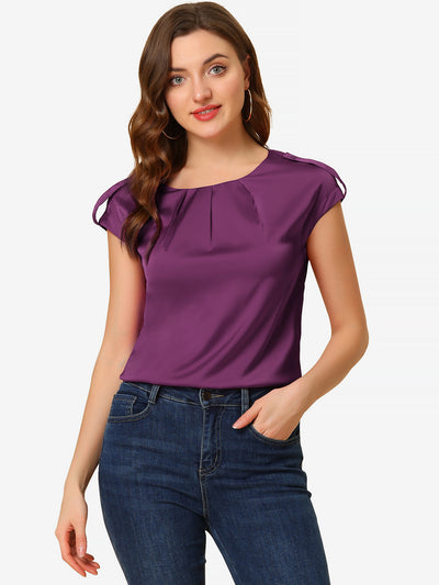 Satin Cap Sleeve Top Pleated Casual Work Office Blouse