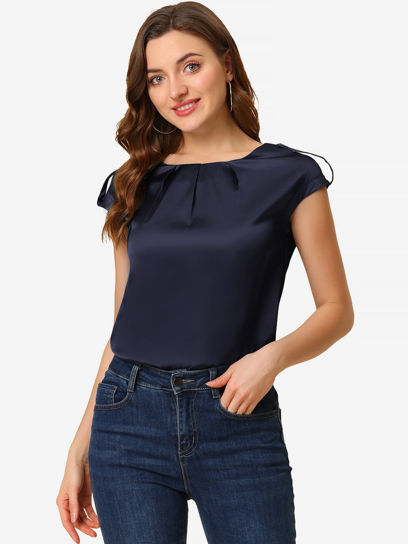 Allegra K Satin Cap Sleeve Top Pleated Casual Work Office Blouse