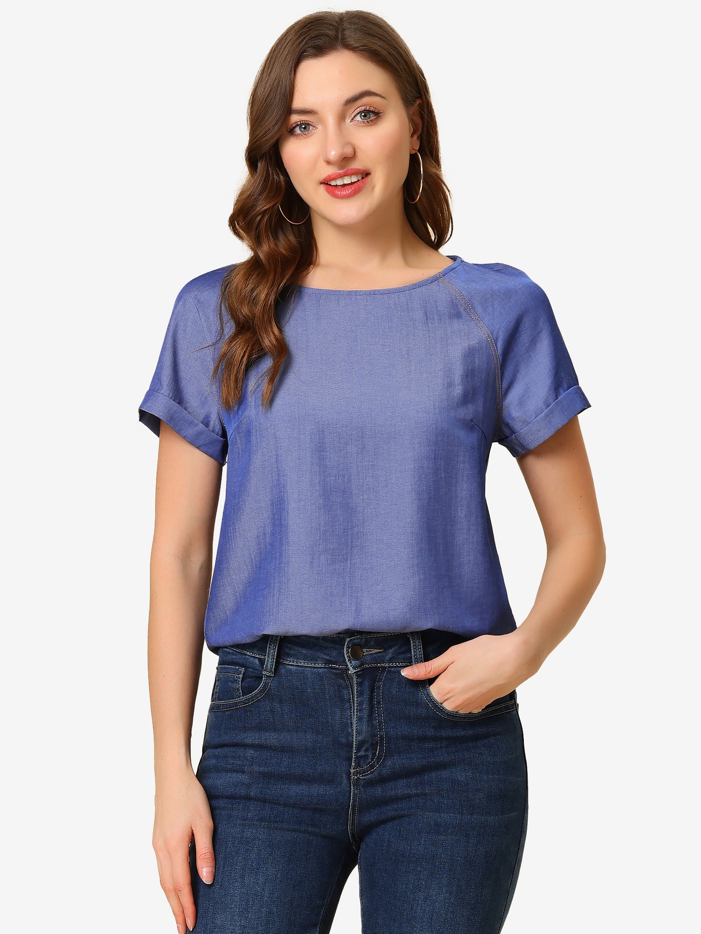 Allegra K Chambray Side Slit Raglan Short Sleeve Top