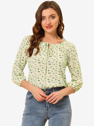 Bow Tie Neck 3/4 Raglan Sleeve Floral Blouse Tops