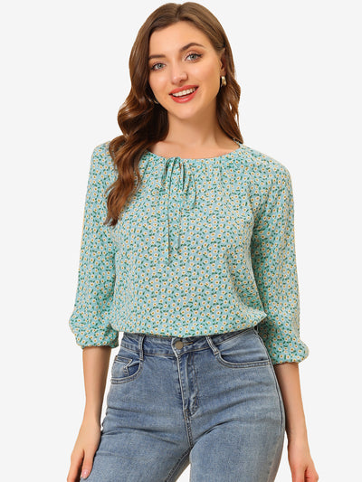 Bow Tie Neck 3/4 Raglan Sleeve Floral Blouse Tops