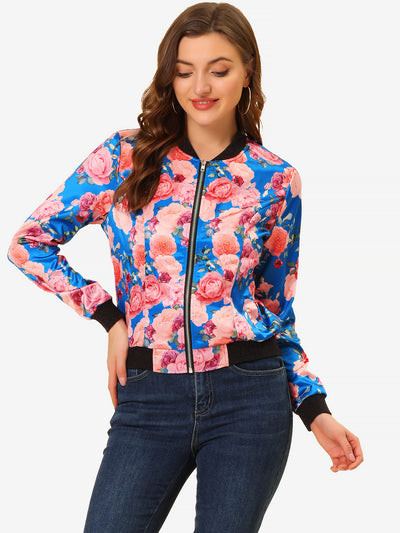 Stand Collar Floral Print Zip Up Bomber Jacket